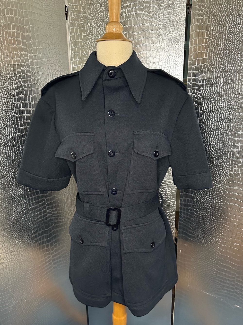 Vintage Unisex Black Polyester Belted Utilitarian Safari Shirt From Alexander